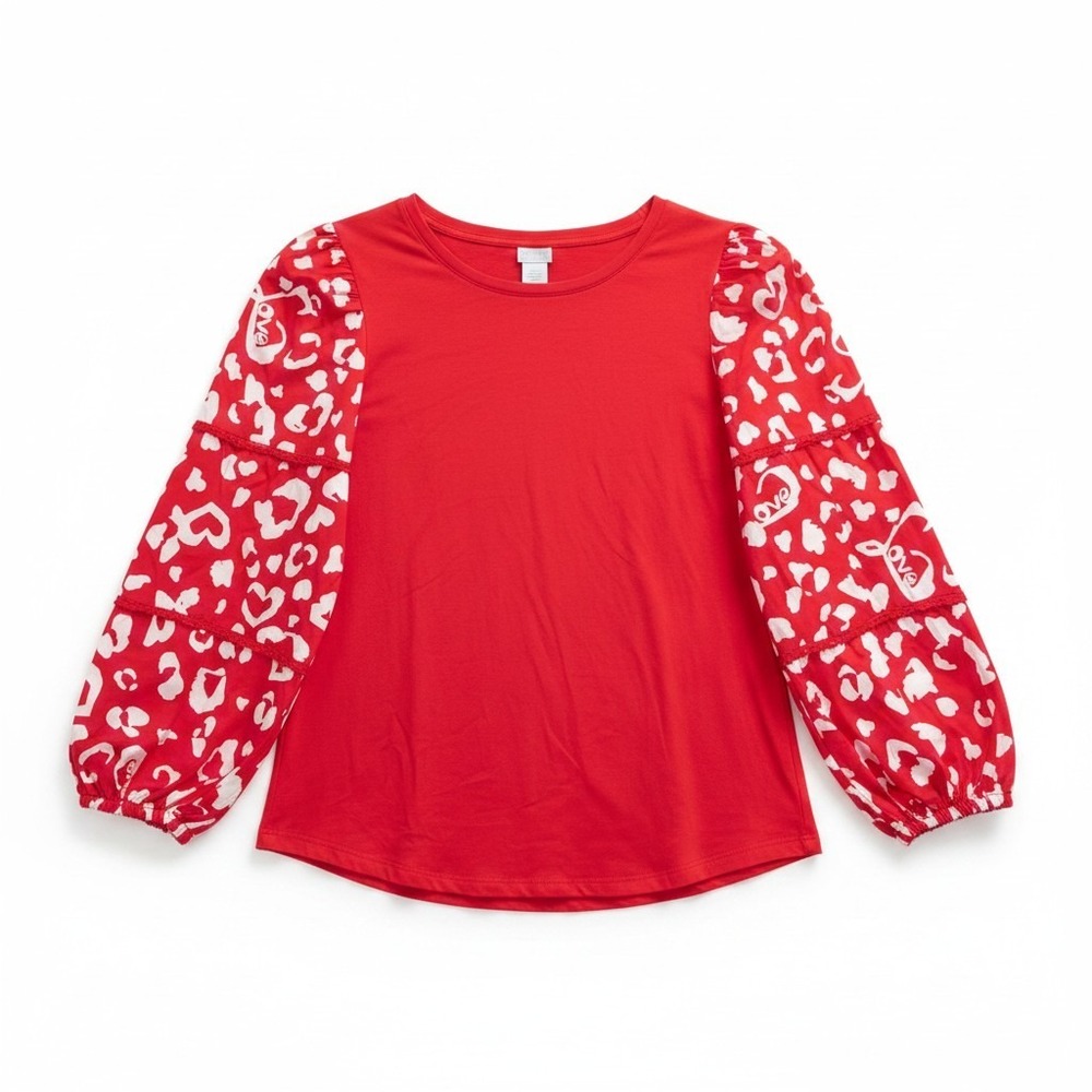 Chico's Red Love Heart Print Balloon Sleeve Top Knit Mixed Media Size 1 M